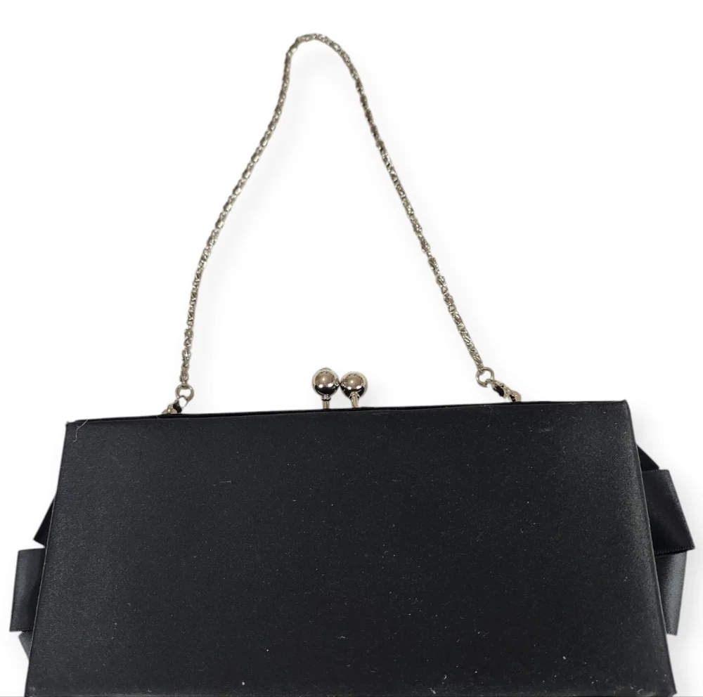 Elegant Black Evening Clutch with Jewel & Ribbon Accents